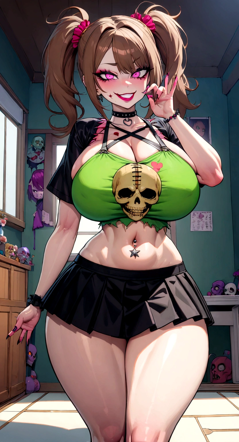 big lips, Brown hair, pink eyes, japanese face, improve, improve grin, two sides up, huge breasts, Wide hips, sexy, detailed, true room, Hits, (evil smile1.4), kawaii, pleated skirt, punk, GOOD, zombie costume, zombie shirt, zombie choker, zombie skirt, dezombie shirt,navel piercing