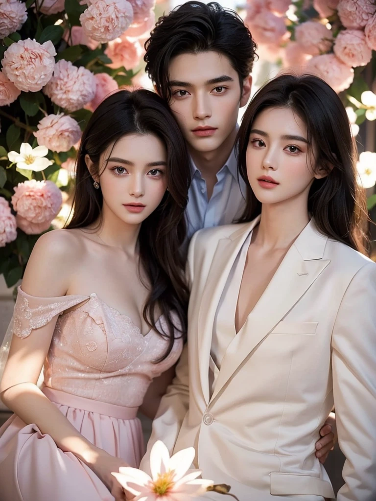 Modern. 1 Suit man wear. Elegant couple, masculie man and 2 beautiful girl. Dark hair color. Very deatiled face. pretty eyes (perfect eyes). 8K resolution. Masterpiece. Romantic, love, glowing light. Look at the viewer. Petals. Pastel color.