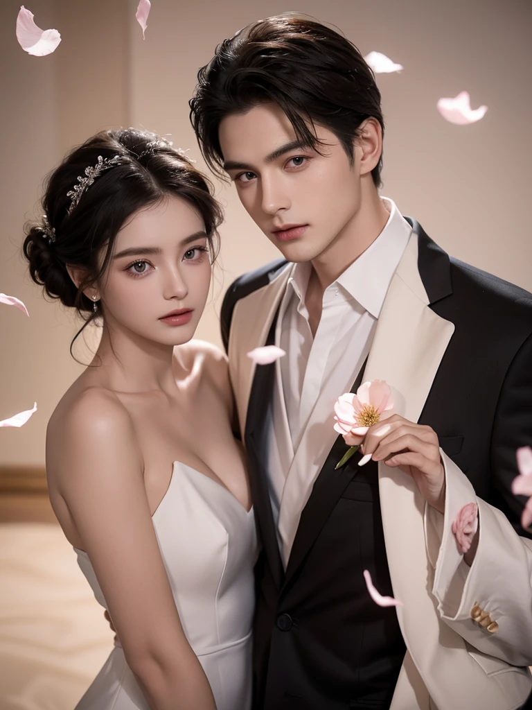 Modern. 1 Suit man wear. Elegant couple, masculie man and 2 beautiful girl. Dark hair color. Very deatiled face. pretty eyes (perfect eyes). 8K resolution. Masterpiece. Romantic, love, glowing light. Look at the viewer. Petals. Pastel color.