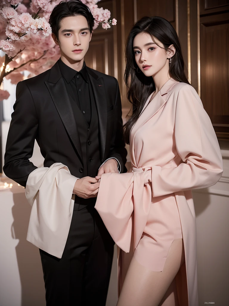 Modern. 1 Suit man wear. Elegant couple, masculie man and 2 beautiful girl. Dark hair color. Very deatiled face. pretty eyes (perfect eyes). 8K resolution. Masterpiece. Romantic, love, glowing light. Look at the viewer. Petals. Pastel color.