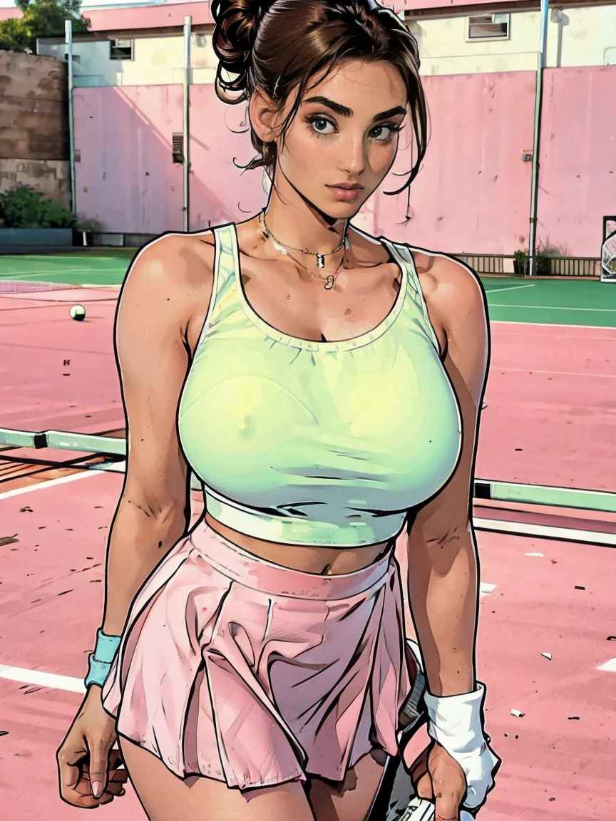 Extremely busty thin and toned brunette photographer, college girl, fair skin, loose updo, soft face, athletic, white tank top, pink skirt. detailed background, tennis court.
