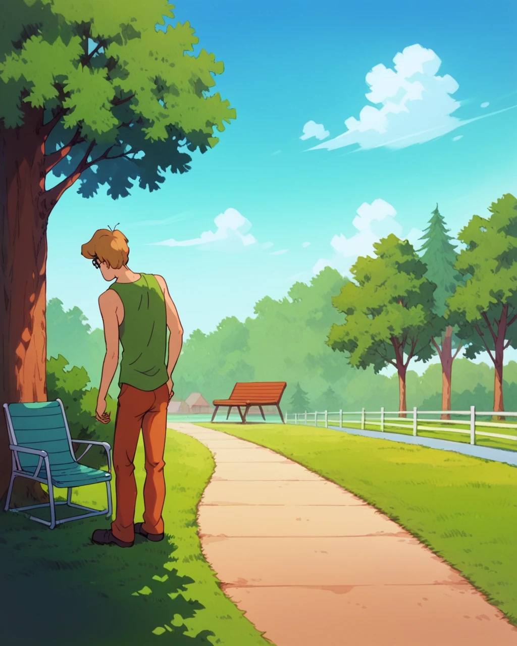 scoobydoo, shaggy rogers, tank top, standing, lawn chair, outside, bottomless, legs together, long penis, eyes looking behind, backyard, tree, shade, blue sky, bee stinging butt, no pants, solo