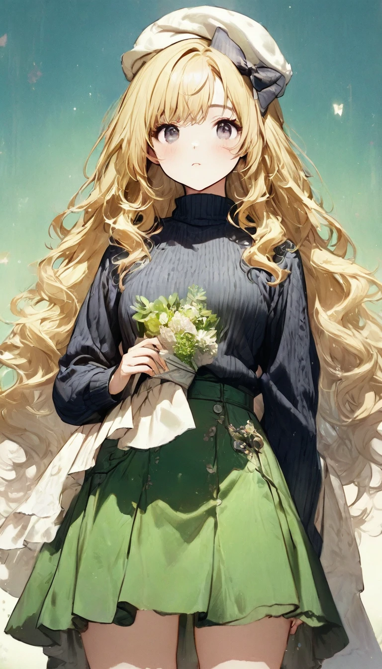 Ultra-realistic CG K ,((premium、8k、32k、Masterpiece、NFFSW:1.3)), (superfine illustration)、(super high resolution), (((adult body))), (Masterpiece, Best Quality:1.2),a beautiful girl,Skin details processing..,The eyes are finely described..,delicate hair,long wavy hair,long light hair,She has a big bow on her head.,black sweater,white dots,Skirt,green,clean background