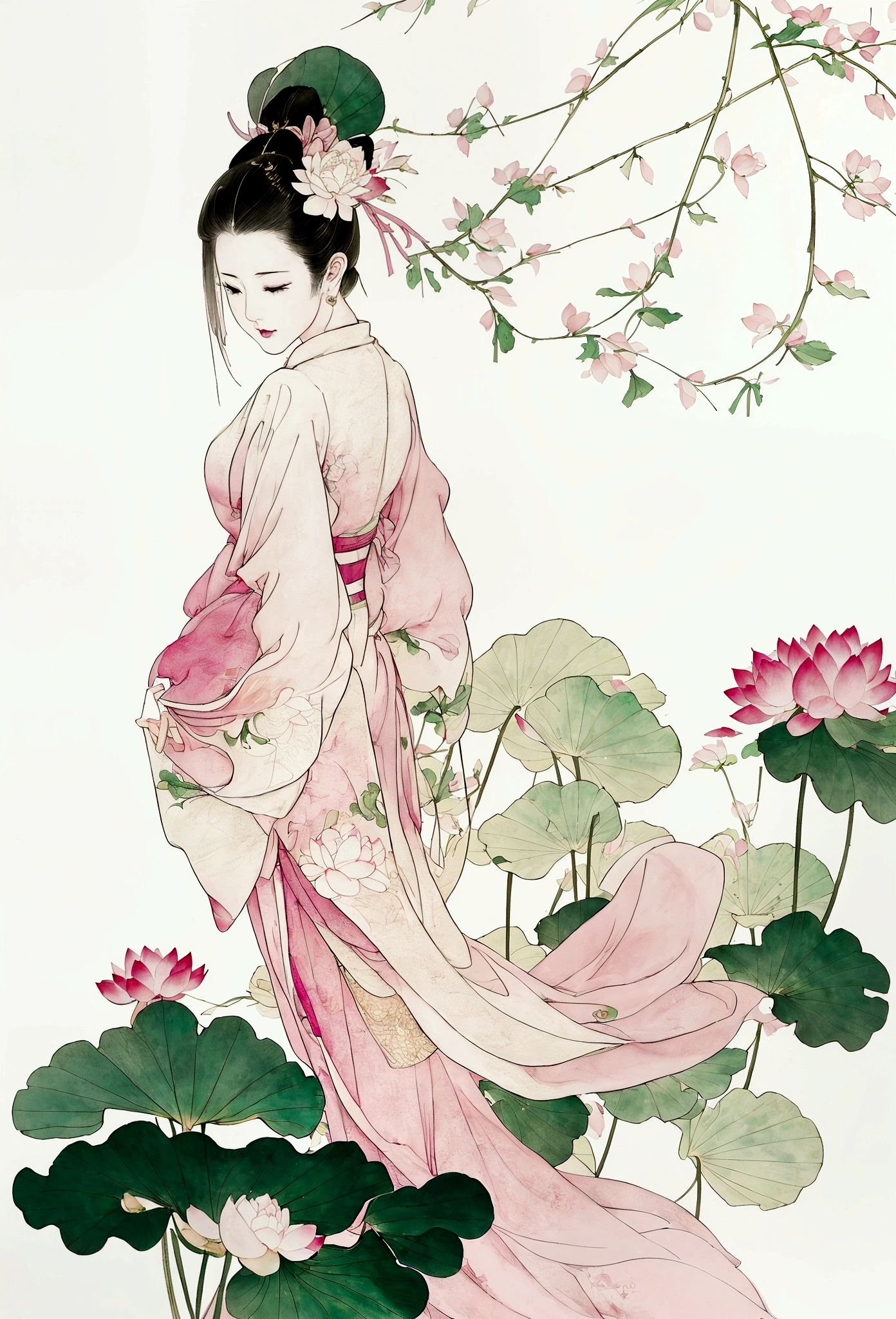 Ink and brushwork style，Lotus，Lotus Leaf，Pink and green color scheme，Simple lines，Hand Painted，HD details，White background，Painting on rice paper，HD 8k