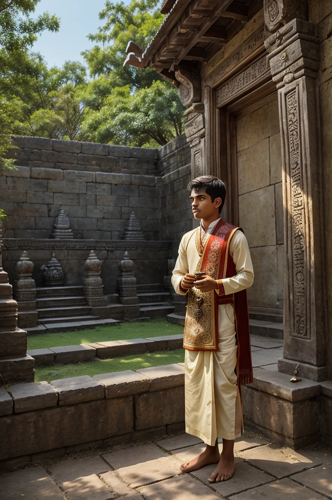 Creating an image in text form:

Imagine a serene scene at a Bholenath Mandir (Lord Shiva temple) where an 18-year-old boy stands with a backdrop of ancient stone walls adorned with intricate carvings of Hindu deities. The temple courtyard is filled with incense smoke, and sunlight filters through the trees, casting dappled shadows on the ground. The boy, with a reverent expression, wears traditional attire and holds a small brass bell in his hand. The sound of chanting and the faint ringing of bells blend harmoniously in the air, creating a peaceful and spiritual atmosphere.