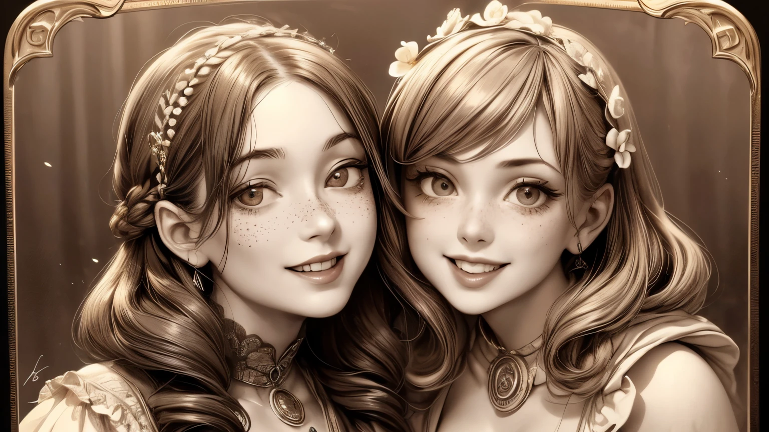 (masterpiece), best quality, expressive eyes, perfect face, Artwork, best quality, ultra-detailed, 1lady, long hair, 1930s vintage photography, monochrome dress, vintage color palette, ((curly hair)), dress with ruffles, smiling smile, freckles on face, ((old photo effect)), large breasts, ((sepia effect)), breasts larger than head, ((portrait in a medallion)), ((locket)), ((pic in locket)), ((portrait in round medallion)), photography of a woman in a locket, ((signature at the bottom of the photo)), (((Initials T.J in signature))), round glasses, provocative cleavage, face profile photography, lipstick in pic, shining eyes, twintails, laughing laugh, laughing, ((mold particles around the edges of the photograph)), laughing with your mouth open, flowers in hair, ((signatured photography)), huge breasts, large breasts, gigantic breasts, fleshy mouth lips, ((mold particles)), ((hood in head))