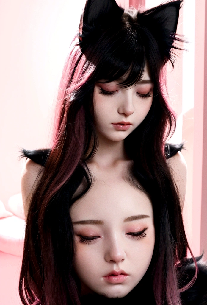 (Best illustrations, masterpiece) High resolution, close, Soft Skin,, [(Cat ear, Black fur, Pink inside:1.2), (kiss, romantic, Intimate):1.3]