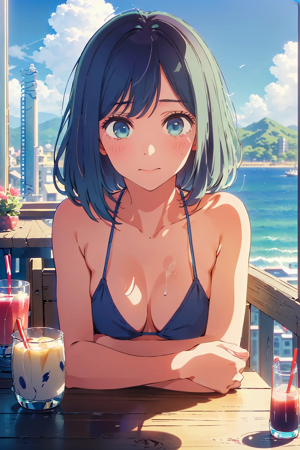 (Highest quality:1.4、masterpiece:1.4、Super detailed:1.4、8K:1.4)、F cup bust、Big Breasts、Slim body、((((1 person、Surprised expression、sit、In the background are the urban buildings of Tokyo、looking at the camera、Outdoor café terrace、coastal、Navy hair color、Shooting from an angle、Leaning against a wall、juice、table、Very cute face))))、((nude、Areola、bikini size too small))、Very blue sky、A completely cloudless sky、Big eyes、((((Shallow depth of field))))