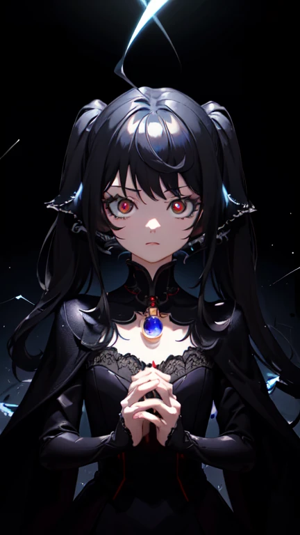 (masterpiece, best quality, ultra-detailed, best shadow), (detailed background,dark fantasy), (beautiful detailed face), high contrast, (best illumination, an extremely delicate and beautiful), ((cinematic light)), colorful, hyper detail, dramatic light, intricate details, (1 girl, solo,black hair, sharp face,low twintails,red eyes, hair between eyes,dynamic angle), blood splatter, swirling black light around the character, depth of field,black light particles,(broken glass),magic circle,