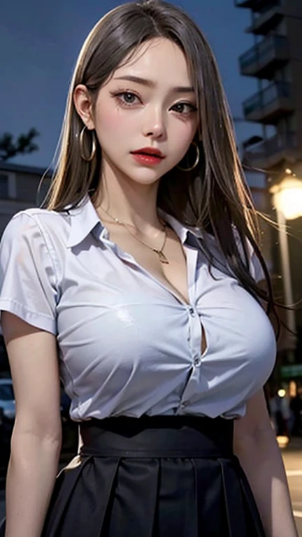 Highest quality, masterpiece, formal, Atmosphere、、(Key Light:Front tilt 45 degrees, Fill Light、Backlight、shadow、Blue and orange color palette), Precision human body、Know-it-all、Correct five fingers、
(Sweat dripping、Oily skin,shiny肌、Realistic skin texture、Delicate and beautiful skin、Shiny的皮肤、Shiny的皮肤)
(Fine pupils, Perfect eyes:1.2), (Clothes are reflective and wrinkled、Shiny:1.2), shiny, shinyした金色, (Hoop Earrings), necklace, Charming and perfect female proportions, Charming smile, Fine surface texture, high school、Enchanting woman、Black Hair、Short straight hair、 (((Full and soft breasts,)))(((Huge breasts))) (((Cleavage))) (Perfect curvy figure),(((Large Breasts))), Large Breastsの谷間、1 girl、high school女孩、high school服饰、White shirt+Black pleated skirt、Late Night、Street corner at night、In front of the station at night、((( Ascending Dragon Fist)))
