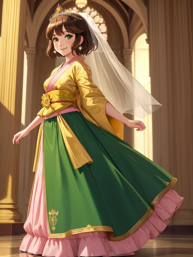 masterpiece, best quality:1.2), 1girl, smile, looking at viewer, green eyes, short brown hair, princess, princess dress, wearing puffy pink ballgown reaching the floor, green kimono, golden tiara with veil, standing in ballroom of medieval castle