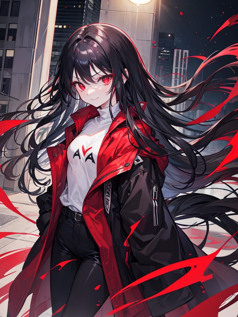Woman, red eyes, long wavy curry black hair, . Wear jacket, independent woman, arrogant, sadistic smile, intimidating, background in town at night winter