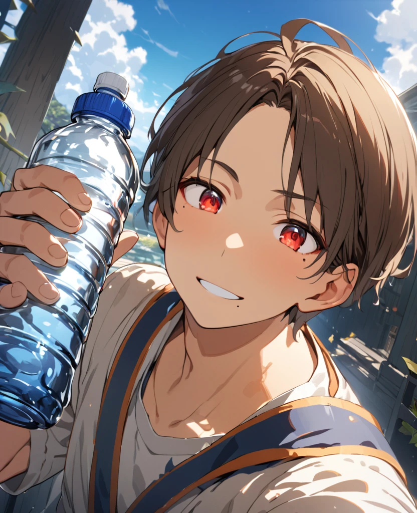 One man、Ocher Hair、Hairstyle、Shortcuts、Red eyes、A mole near the mouth、whole body、Japanese high 、Holding a plastic bottle in your right hand、blue sky, hair behind ear, parted bangs, short hair, tsurime, red eyes, light smile, open mouth, first-person view, uhd, super detail