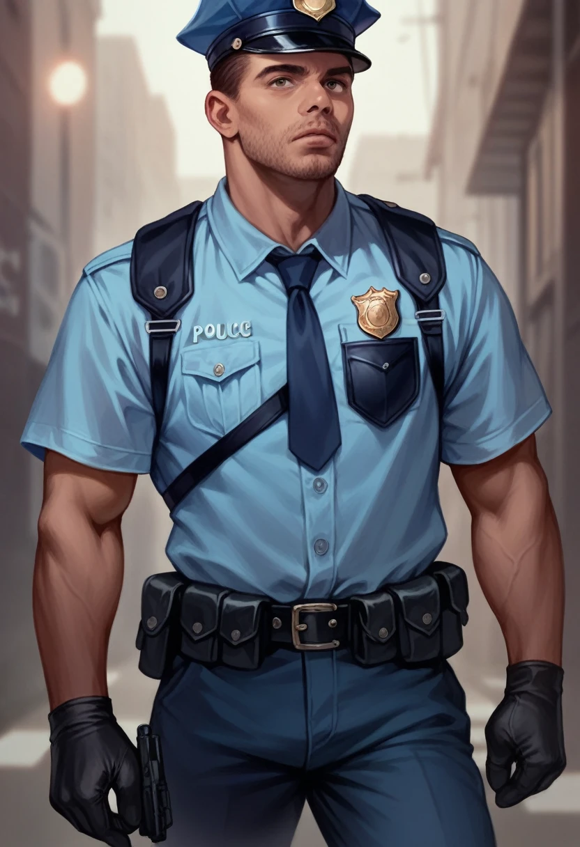 a gorgeous muscular male police officer with short messy brown hair, tan skin, wearing police uniform, detailed face, cinematic lighting, 8k, photorealistic, hyper detailed