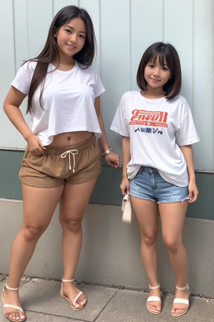 nsfw,(tanned skin:1.3), japanese cheerful 2girls,sport short pants,white long t-shirt,mascular and curvy thighs,(adult body),sandals,18 years old