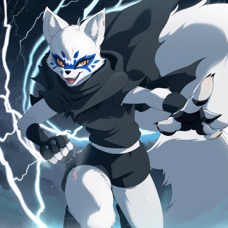 Alopex, arctic fox, furry, blue marks, tmnt, orange eyes, girl1, solo, cloak, black shirt, black shorts, action shot of breathtaking, facial mark, fox claws, fangs, professional, highly detailed. Movement, energy, dynamic, intense, best quality, lightning 