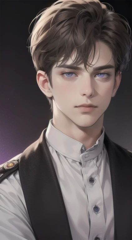 masterpiece, best quality, realistic, 1man, mature male, quiet and charming young man, 36 years old, close his blue eyes, serious look, extremely detailed face, smirk, ((dark grey purple eyes)), ((short-right-swept dark brown hair)), [thick eyebrows], detective, Black background, Victorian era, cinematic lighting, background size is more than the man