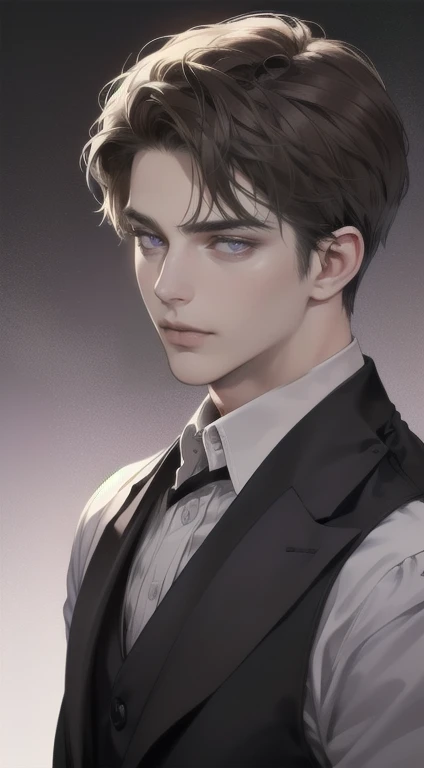 masterpiece, best quality, realistic, 1man, mature male, quiet and charming young man, 36 years old, close his blue eyes, serious look, extremely detailed face, smirk, ((dark grey purple eyes)), ((short-right-swept dark brown hair)), [thick eyebrows], detective, Black background, Victorian era, cinematic lighting, background size is more than the man