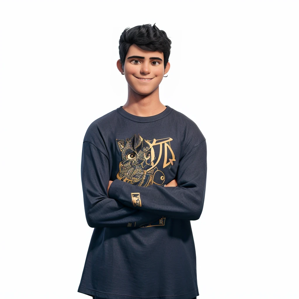 black hair, arms crossed and smiling, with a shirt without a pattern, symmetrical eyes