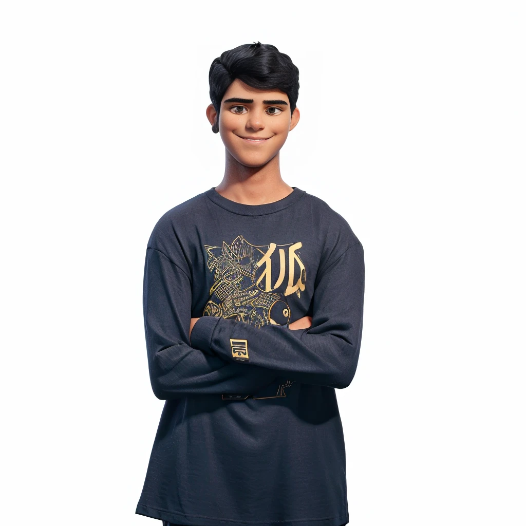 black hair, arms crossed and smiling, with a shirt without a pattern, symmetrical eyes