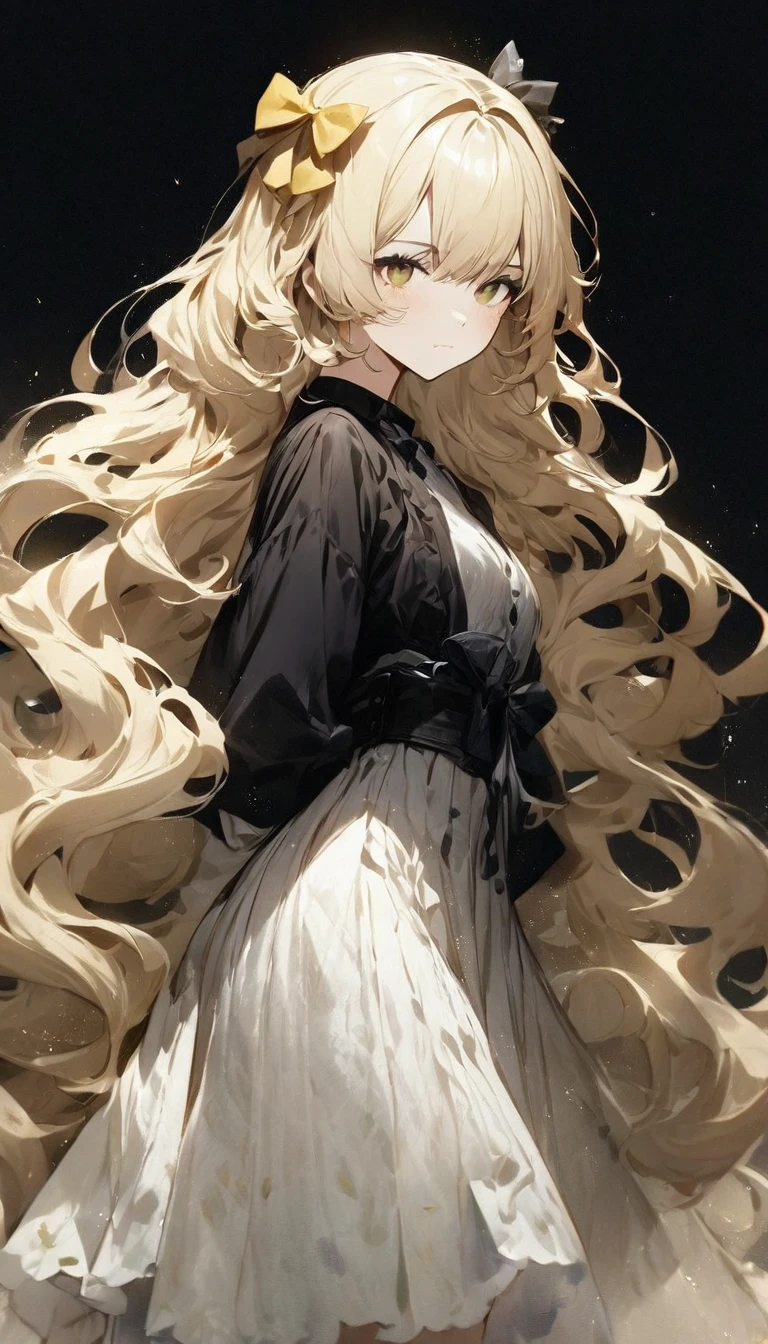 Ultra-realistic CG K ,((premium、8k、32k、Masterpiece、NFFSW:1.3)), (superfine illustration)、(super high resolution), (((adult body))), (Masterpiece, Best Quality:1.2),a beautiful girl，Skin details processing..，The eyes are finely described..，delicate hair，long wavy hair，long light hair，She has a big bow on her head.，black sweater，white dots，Skirt，green，clean background