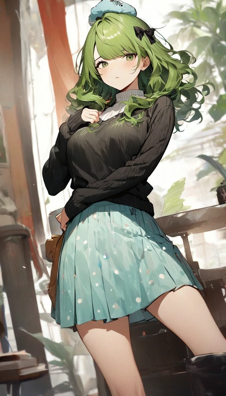 Ultra-realistic CG K ,((premium、8k、32k、Masterpiece、NFFSW:1.3)), (superfine illustration)、(super high resolution), (((adult body))), (Masterpiece, Best Quality:1.2),a beautiful girl,Skin details processing..,The eyes are finely described..,delicate hair,long wavy hair,long light hair,She has a big bow on her head.,black sweater,white dots,Skirt,green,clean background