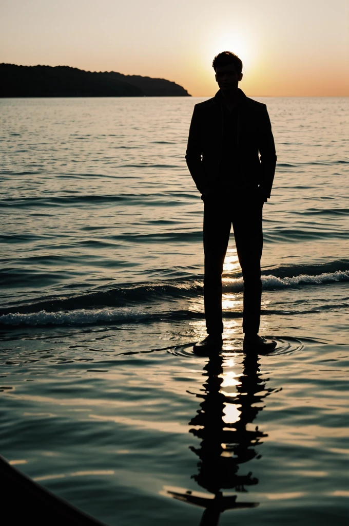 A silhouette of a young man standing in a boat in a calm sea thoughtful vintage style