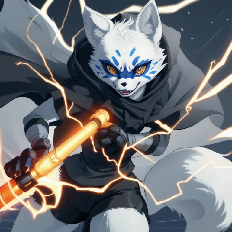 Alopex, arctic fox, furry, blue marks, tmnt, orange eyes, girl1, solo, cloak, black shirt, black shorts, action shot of breathtaking, facial mark, fox claws, fangs, professional, highly detailed. Movement, energy, dynamic, intense, best quality, lightning 