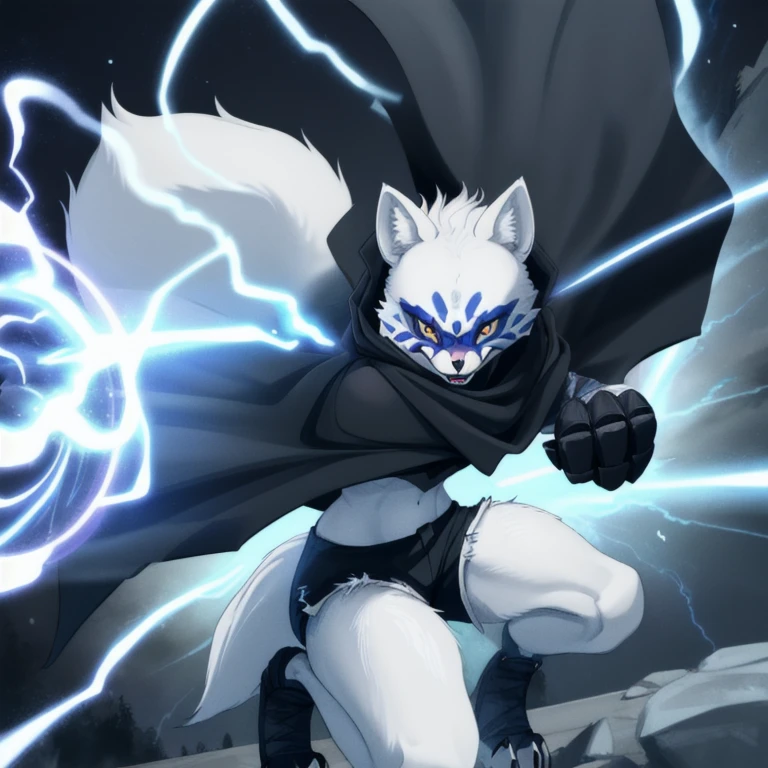 Alopex, arctic fox, furry, blue marks, tmnt, orange eyes, girl1, solo, cloak, black shirt, black shorts, action shot of breathtaking, facial mark, fox claws, fangs, professional, highly detailed. Movement, energy, dynamic, intense, best quality, lightning 