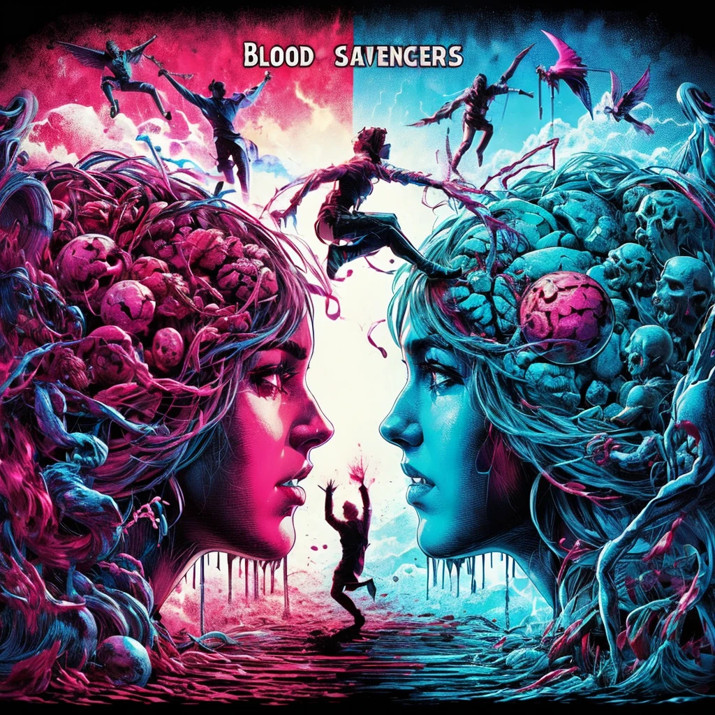 blood scavengers opposite world dream cyan magenta. A fight inside a broken mind. A splendid beautiful trans woman trying to emerge as the future in an astonishing panorama of end times.