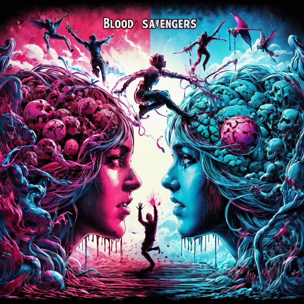 blood scavengers opposite world dream cyan magenta. A fight inside a broken mind. A splendid beautiful trans woman trying to emerge as the future in an astonishing panorama of end times.
