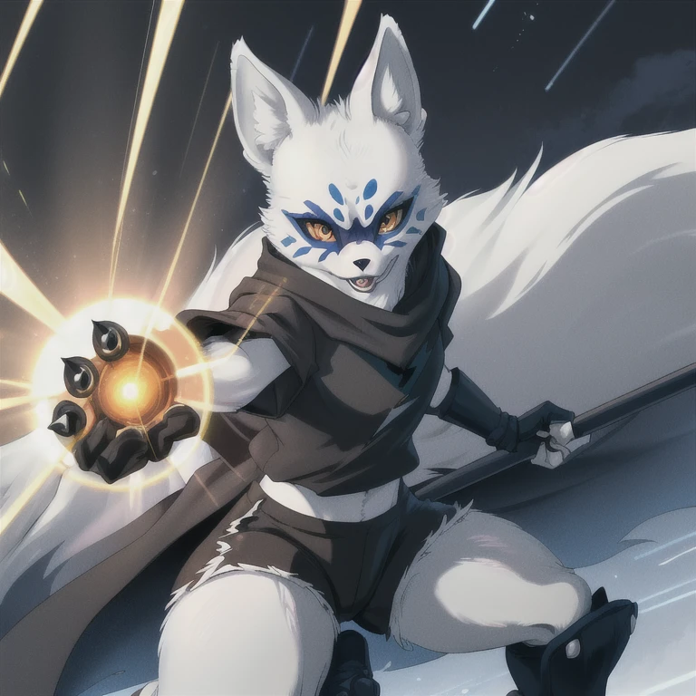 Alopex, arctic fox, furry, blue marks, tmnt, orange eyes, girl1, solo, cloak, black shirt, black shorts, action shot of breathtaking, facial mark, fox claws, fangs, professional, highly detailed. Movement, energy, dynamic, intense, best quality, lightning