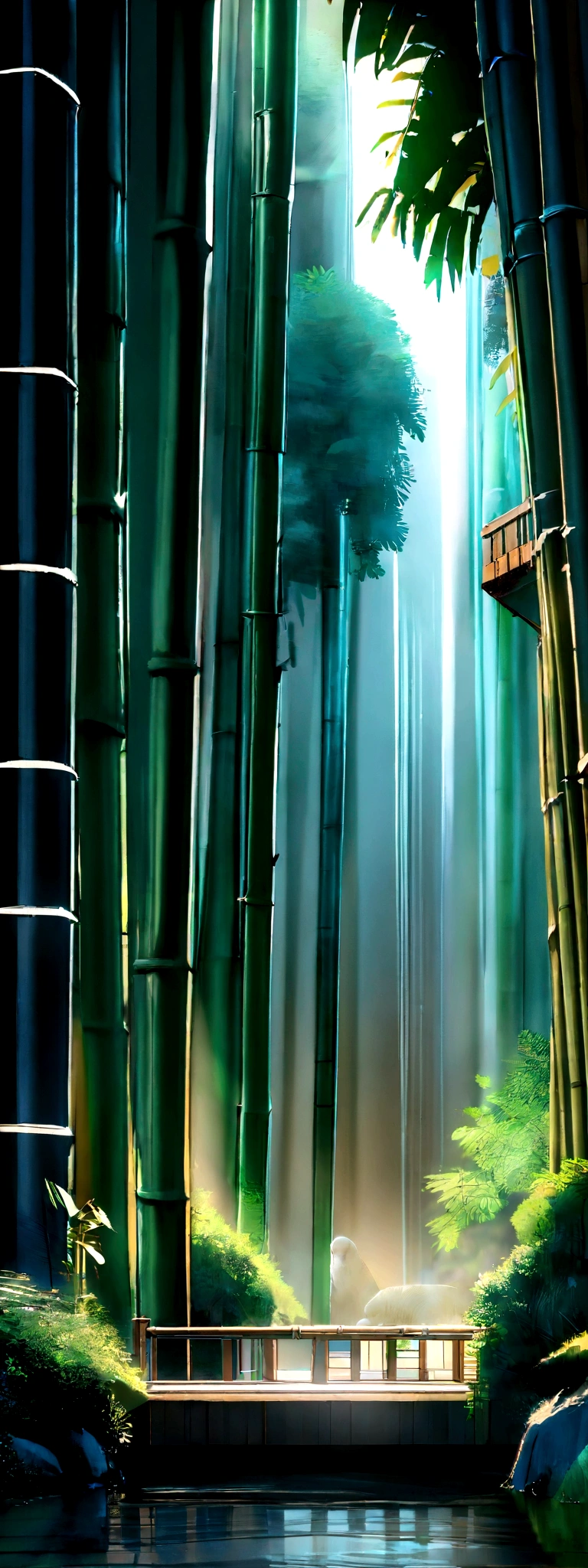 The Jungle Book, bamboo tree fantasy, Long bamboo, Practical, consumption environment, AI, Artificial water source, Build a bridge between two different places surrounded by bamboo forest, Night view, 8k best quality, AMD FidelityFX Super Resolution 3, Rendered by Nvidia RTX DLSS 3.5