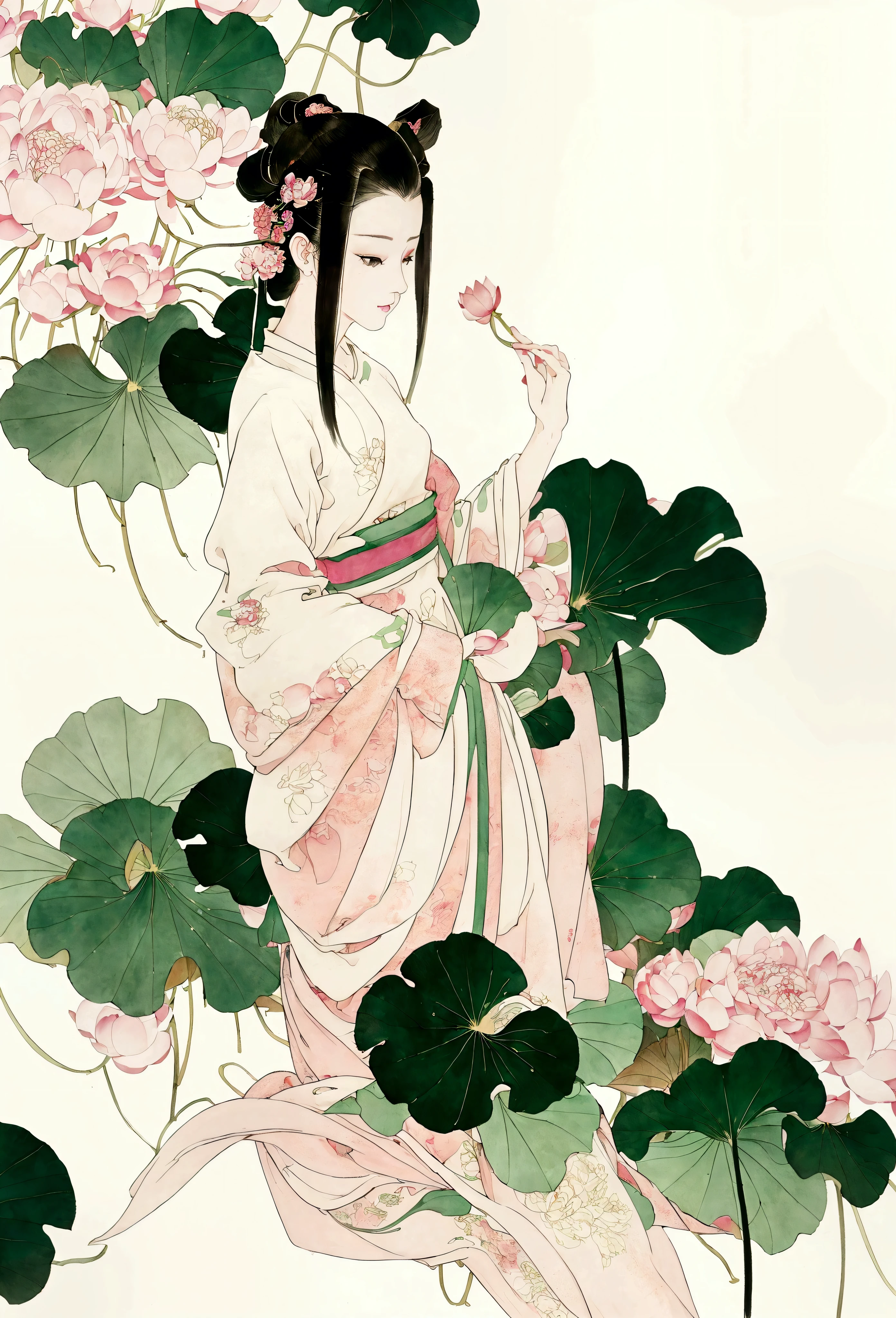 Ink and brushwork style，Lotus，Lotus Leaf，Pink and green color scheme，Simple lines，Hand Painted，HD details，White background，Painting on rice paper，HD 8k