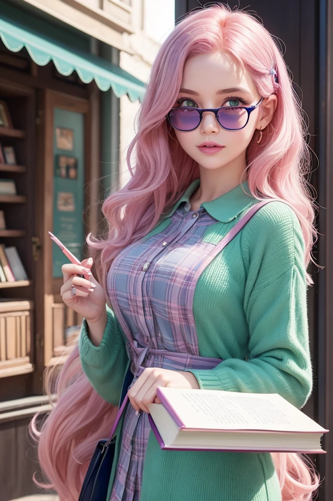 I want a fun Disney Pixar thrill:She will have wavy pink hair, her skin will be light green with navy blue eyes, she will be holding books, she will wear purple glasses and the color of her blouse will be green.
