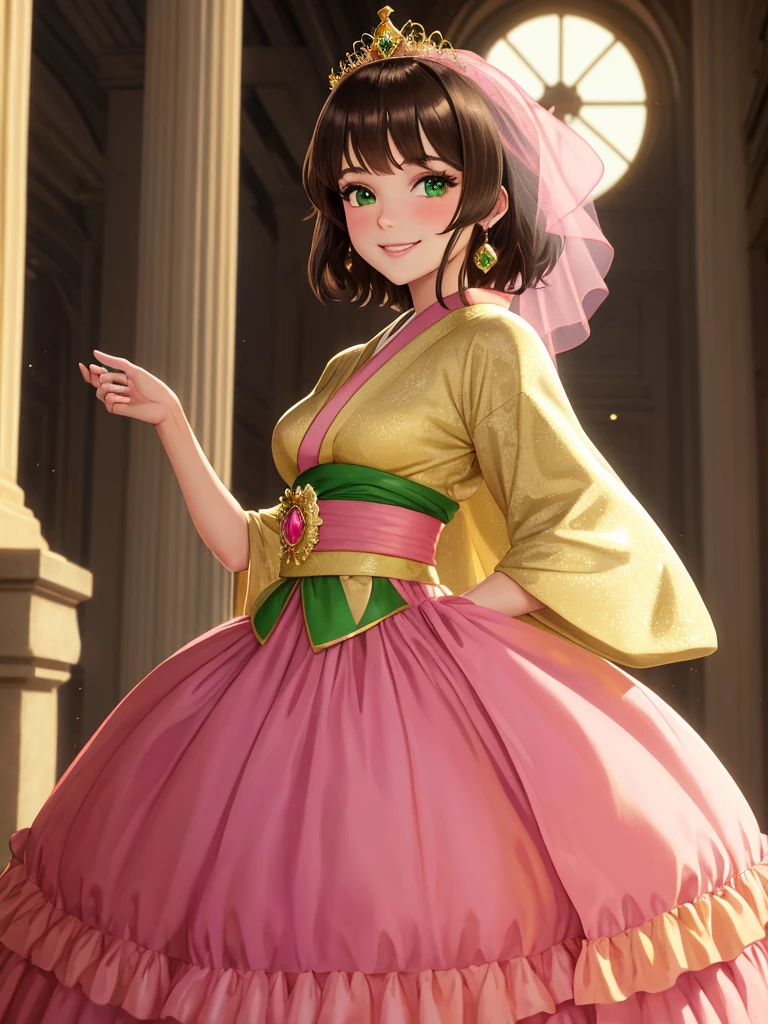 masterpiece, best quality:1.2), 1girl, smile, looking at viewer, green eyes, short brown hair, princess, princess dress, wearing puffy pink ballgown reaching the floor, green kimono, golden tiara with veil, standing in ballroom of medieval castle