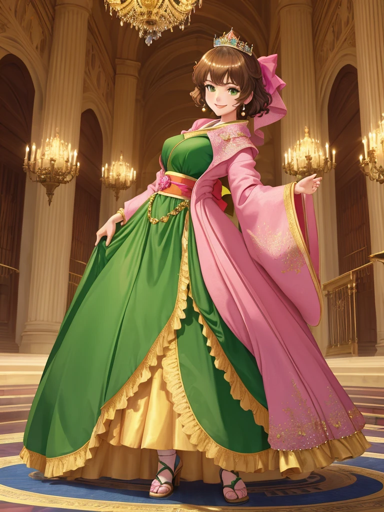 masterpiece, best quality:1.2), 1girl, smile, looking at viewer, green eyes, short brown hair, princess, princess dress, wearing puffy pink ballgown reaching the floor, green kimono, golden tiara with veil, standing in ballroom of medieval castle