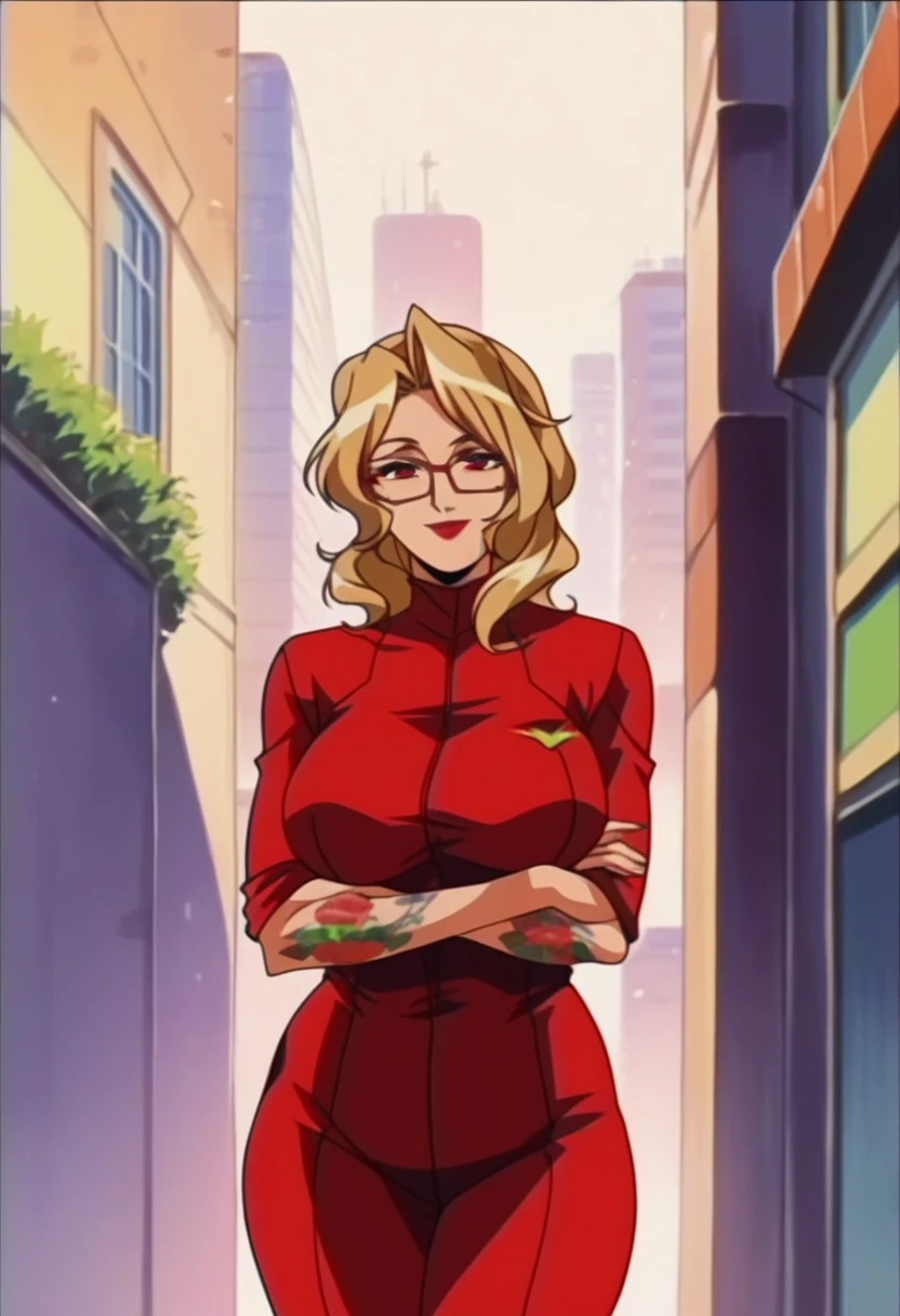rating_explicit,beautyful mature woman, Shion Karanomori based, blonde wavy hair, encorped body, red glasses, red lipstick, red catsuit, whole body roses tattoos,,in city, morning, milf, smile, red eyes, crossed arms, large breasts