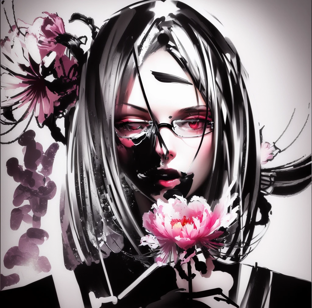 Painting of a woman with glasses and a flower in her hair, in the style of black and white graphics, Girl with flowers, graphic style, female portrait with flowers, expressive digital painting, Spider lily, Flowerpunk, based on Emily Shanks, digital painting style, girl with flower face, inspired by Shinoda Toko, made in an anime artist&#39;s studio