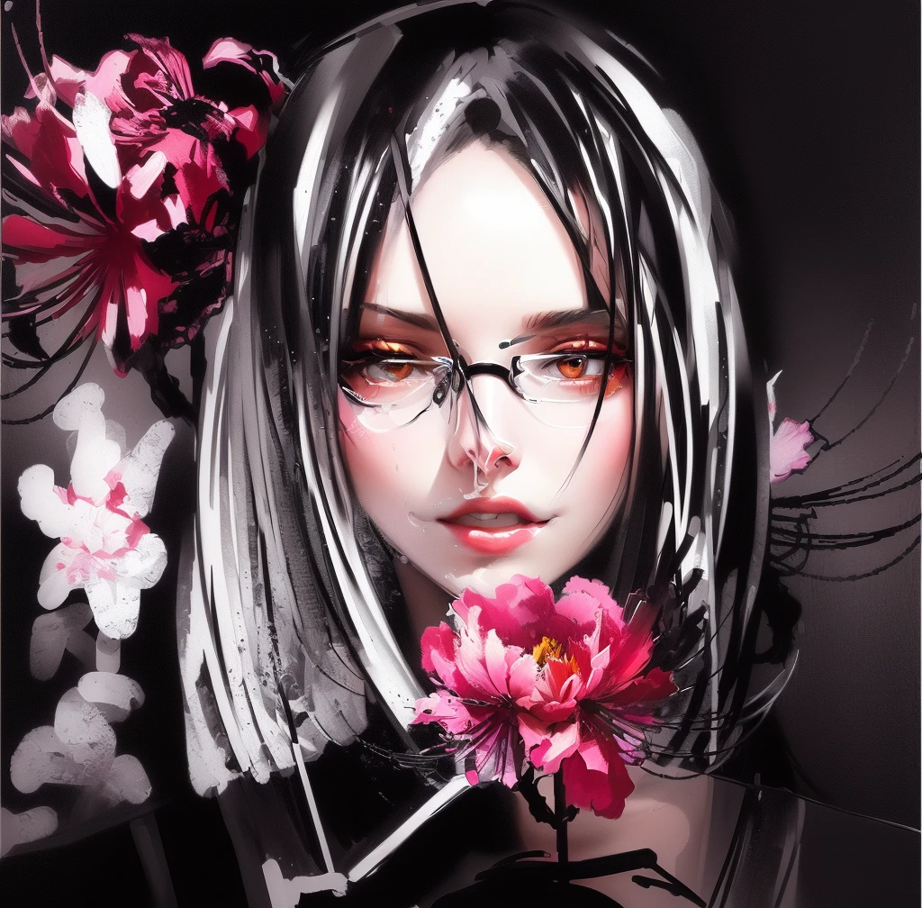 Painting of a woman with glasses and a flower in her hair, in the style of black and white graphics, Girl with flowers, graphic style, female portrait with flowers, expressive digital painting, Spider lily, Flowerpunk, based on Emily Shanks, digital painting style, girl with flower face, inspired by Shinoda Toko, made in an anime artist&#39;s studio