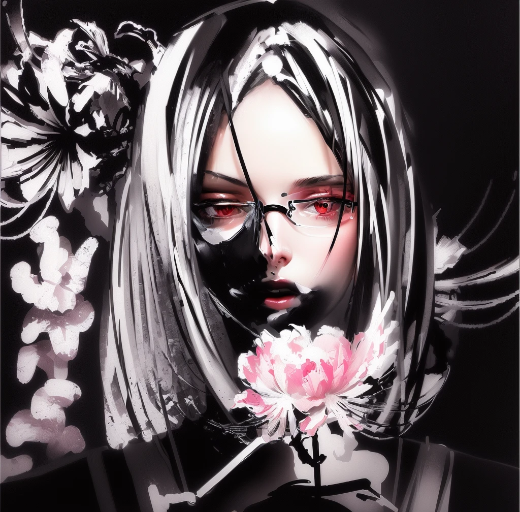 Painting of a woman with glasses and a flower in her hair, in the style of black and white graphics, Girl with flowers, graphic style, female portrait with flowers, expressive digital painting, Spider lily, Flowerpunk, based on Emily Shanks, digital painting style, girl with flower face, inspired by Shinoda Toko, made in an anime artist's studio