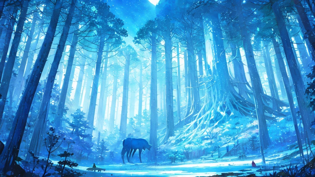 Animals playing in the moon forest　Emotional watercolor painting　so beautiful　Ultra high quality　Fantasy　Blue image