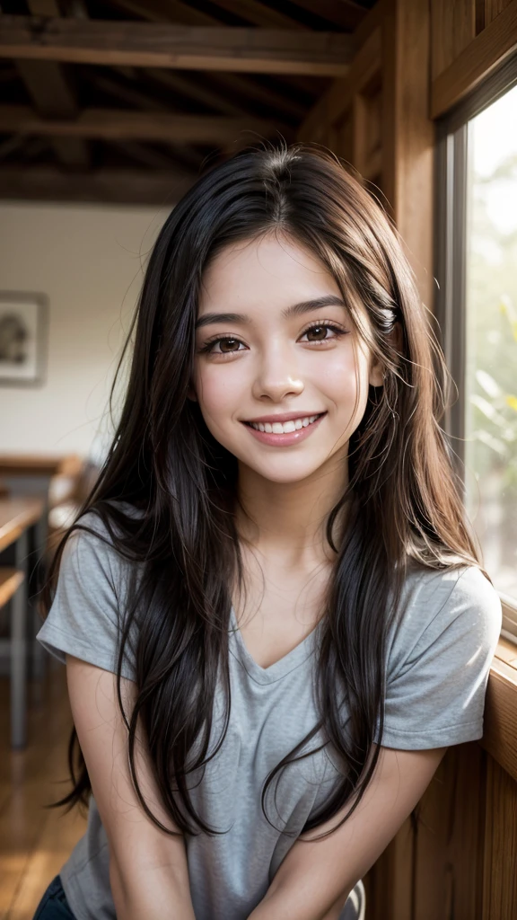 A young Hispanic woman with long dark hair smiling at the camera in a casual indoor setting