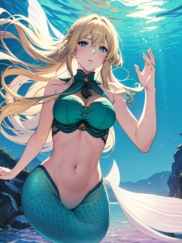 violet evergarden, mermaid, underwater, masterpiece, best quality, 1girl, solo, blonde hair, long hair blue eyes, extra large breasts, bra, looking at viewer, green mermaid tail,