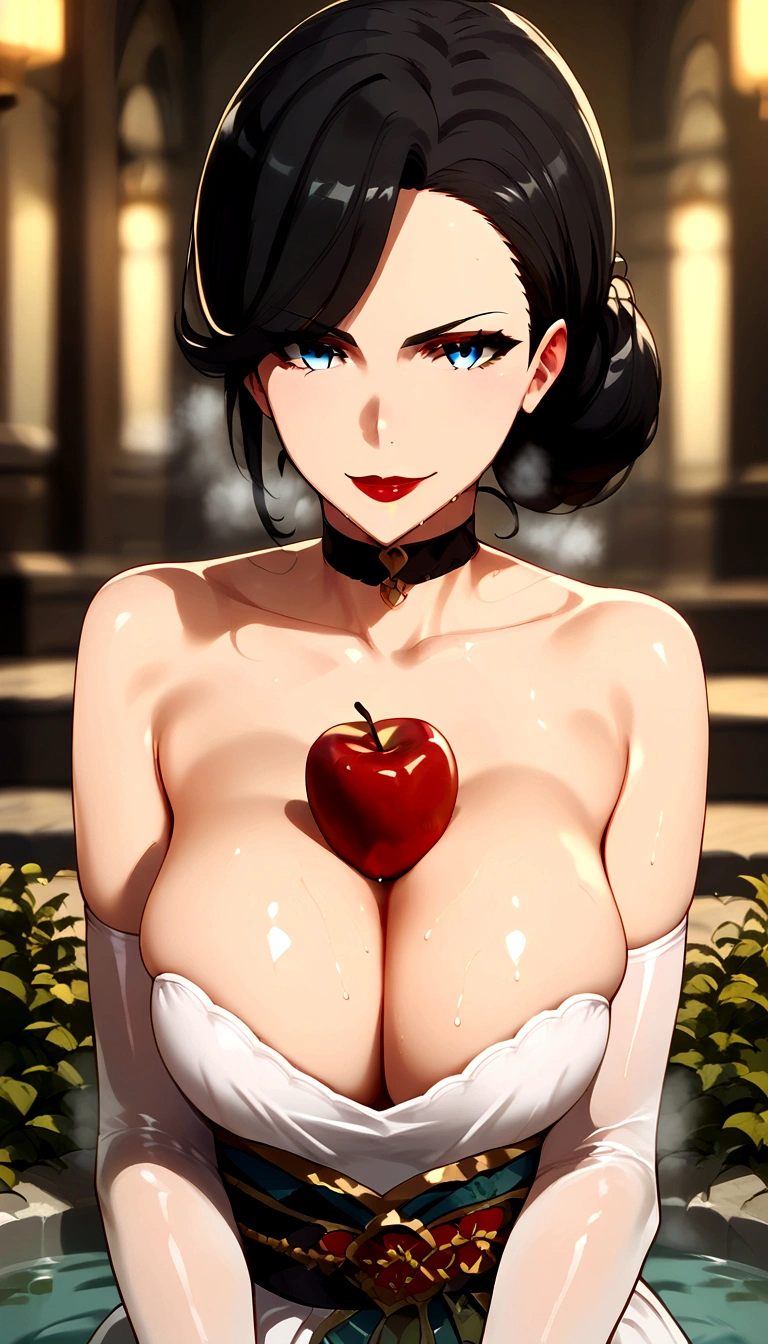 score_9, score_8_up, score_7_up, score_6_up, uncensored, mrs yukinoshita, black hair, hair bun, red lips, blue eyes, naughty face, makeup, shiny skin, sweating, steaming body, seductive smile, glaring eyes, heavy breathing, detailed body, detailed eyes, BREAK (masterpiece:1.2), best quality, high resolution, unity 8k wallpaper, (illustration:0.8), (beautiful detailed eyes:1.3), extremely detailed face, perfect lighting, extremely detailed CG, (perfect hands, perfect anatomy), fruit, wet, 1girl, apple, holding_apple, solo, dress, looking_at_viewer, white_dress, bare_shoulders, cleavage, choker, elbow_gloves, bokeh, large_breasts, water drop, reflective, (fog:1.3), fireflies,
