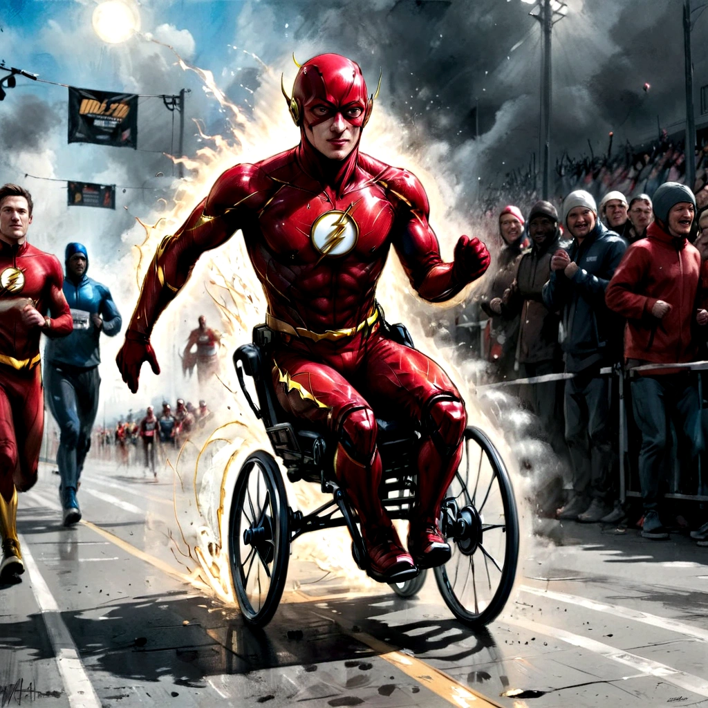 a disabled paraplegic male speedster Barry Allen the Flash in a wheelchair, at the finish line of a marathon, highly detailed, hyper realistic, cinematic lighting, vibrant colors, dramatic action pose, dynamic motion blur, volumetric fog, photorealistic, 8K, best quality, masterpiece, artstation