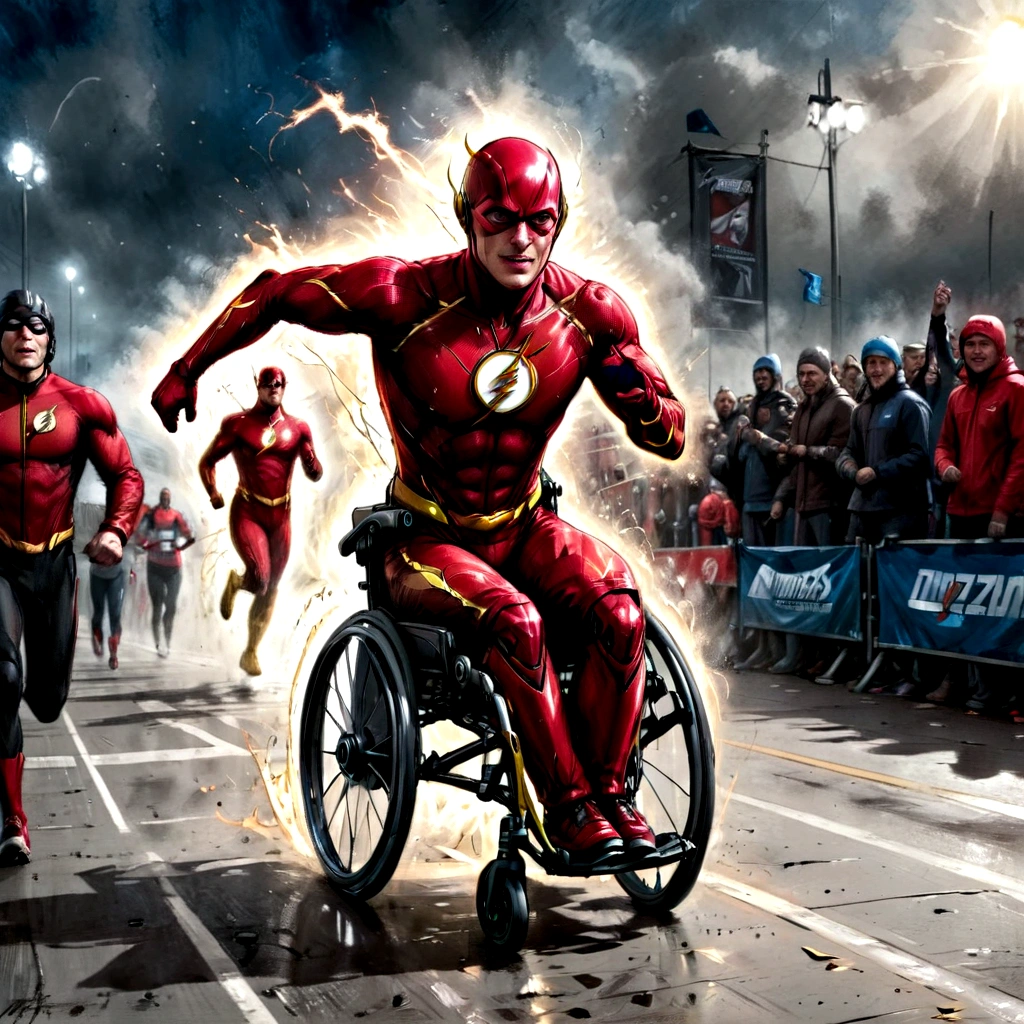 a disabled paraplegic male speedster Barry Allen the Flash in a wheelchair, at the finish line of a marathon, highly detailed, hyper realistic, cinematic lighting, vibrant colors, dramatic action pose, dynamic motion blur, volumetric fog, photorealistic, 8K, best quality, masterpiece, artstation