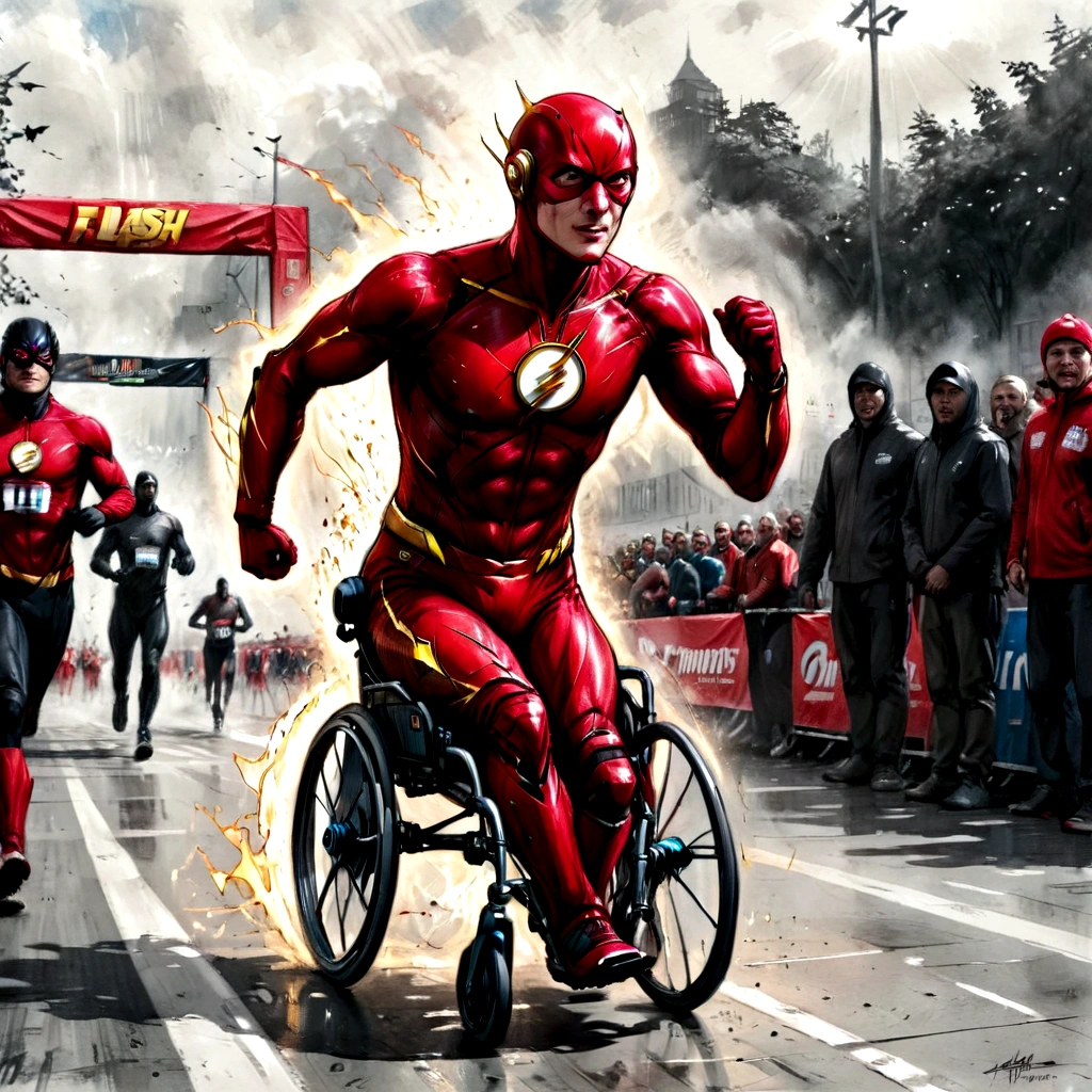 a disabled paraplegic male speedster Barry Allen the Flash in a wheelchair, at the finish line of a marathon, highly detailed, hyper realistic, cinematic lighting, vibrant colors, dramatic action pose, dynamic motion blur, volumetric fog, photorealistic, 8K, best quality, masterpiece, artstation