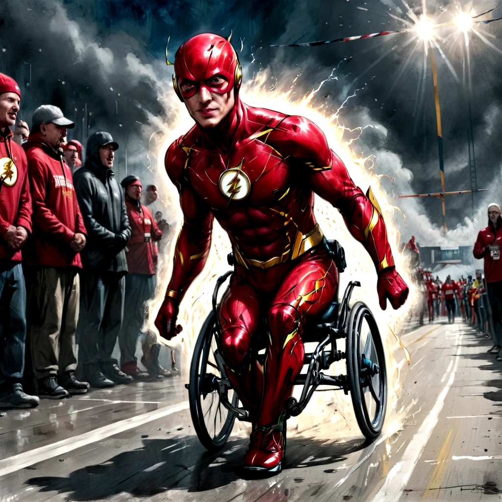 a disabled paraplegic male speedster Barry Allen the Flash in a wheelchair, at the finish line of a marathon, highly detailed, hyper realistic, cinematic lighting, vibrant colors, dramatic action pose, dynamic motion blur, volumetric fog, photorealistic, 8K, best quality, masterpiece, artstation