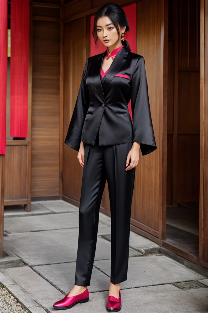 Chinese collar black silk blazer with black trousers with red and bienge oxford shoes with pink kariginu robes/ Japanese temple robes.